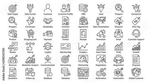 Monochrome vector icon library showcasing commercial transactions, customer acquisition strategies, financial analytics, database management, workflow automation, and professional negotiation.