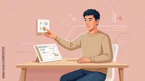 Man Using Tablet at Desk, Digital Interface Interaction