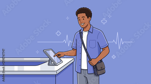 Man Using Tablet at Service Counter, Modern Technology Interaction