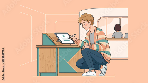 Man using tablet for digital check-in at counter, isolated