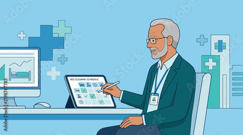 Man using tablet for healthcare scheduling, medical icons and hospitals background
