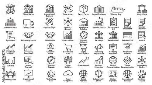 Linear business icons with text descriptions represent international trade, logistics, finance, and corporate management.