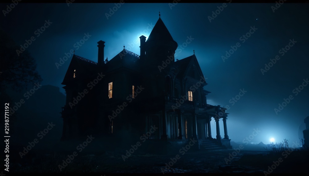Obraz premium Shadowy gothic mansion with distant mysterious light