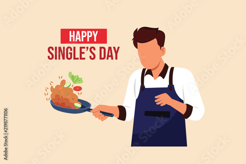 Happy man enjoying a delicious meal while celebrating Single’s Day. Single's day concept. Colored flat graphic vector ilustration isolated