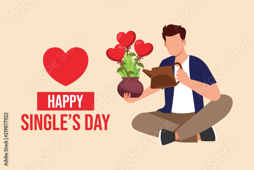Happy man holding a potted bouquet of flowers while celebrating Single’s Day with a cheerful heart message. Single's day concept. Colored flat graphic vector ilustration isolated