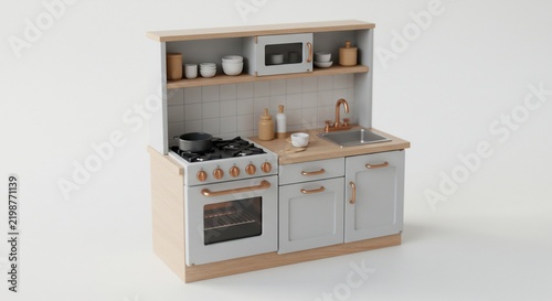 Cozy Miniature Kitchen Setup: A charming, compact kitchen unit featuring a classic stove, microwave, sink, and ample cabinet space, perfect for a dollhouse or miniature display.