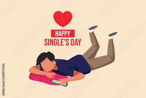 Young man relaxing on the floor while enjoying a peaceful Single’s Day moment. Single's day concept. Colored flat graphic vector ilustration isolated