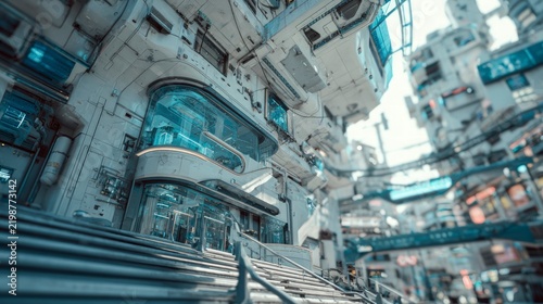 Futuristic city building with glowing blue lights and stairs