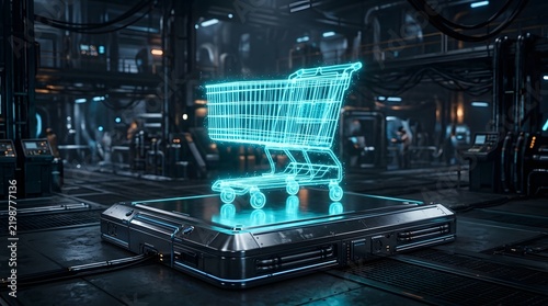 Holographic shopping cart on industrial platform