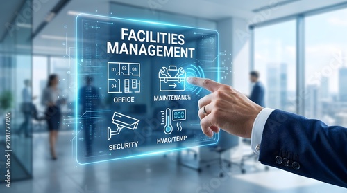 Facilities management digital interface with icons hologram