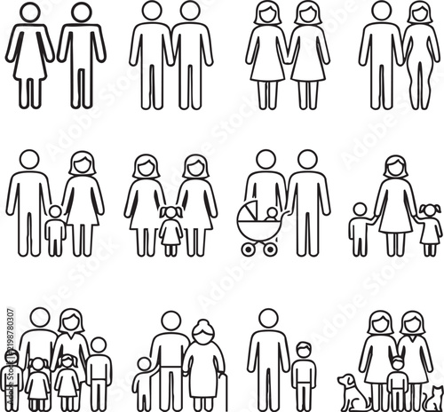 Line art family icons set with parents children pets and elderly