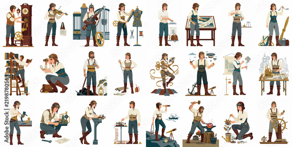 Fototapeta premium Large Collection of Steampunk Characters and Inventors Engaged in Various Hobbies and Professional Activities Isolated on White Background