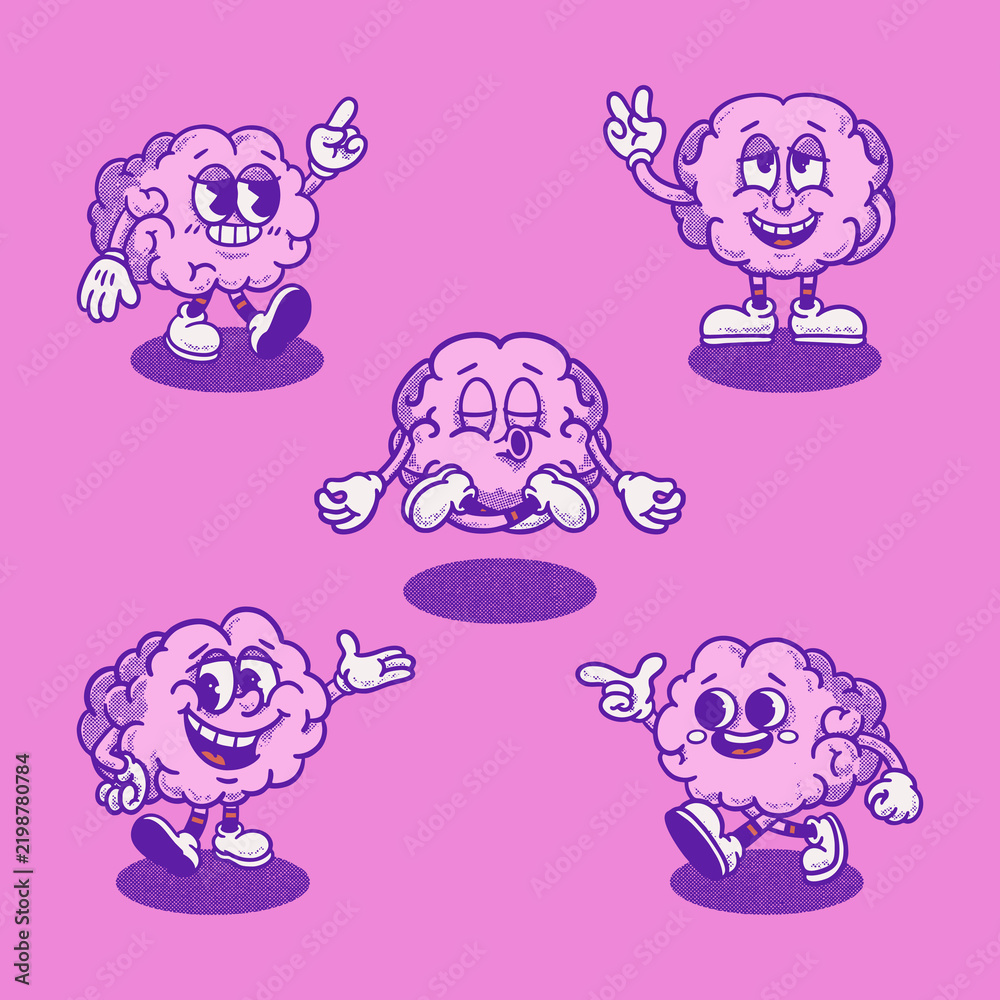 Obraz premium Cute funny brain retro mascot character bundle. Mental health. Groovy, cartoon, logo, icon, illustration, vector, sticker