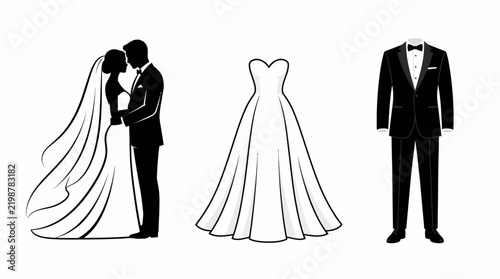 Set of wedding icons featuring a bride and groom silhouette with formal attire.