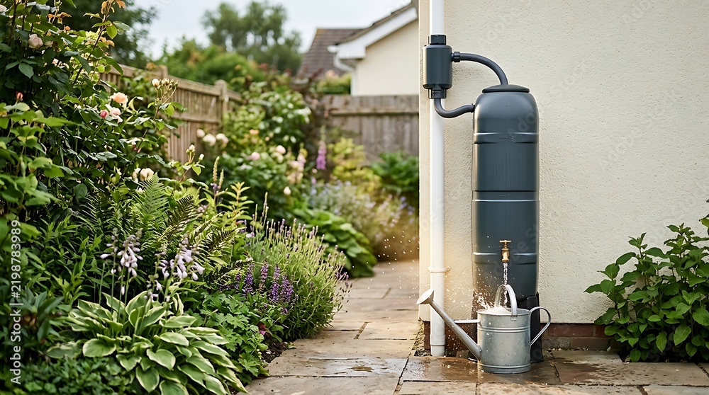 Obraz premium Slim rainwater harvesting barrel filling a watering can in a beautiful garden with flowers