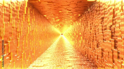 A seamless looping animation that flies through a shimmering golden corridor made up of 80,000 3D cubes of random sizes as procedural geometric 3d render and materials. 