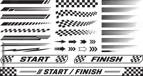 Racing sticker decals with checkered patterns and speed lines