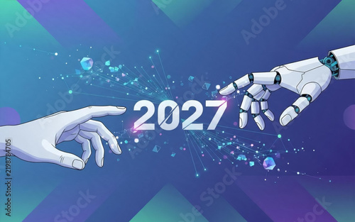 Futuristic 2027 New Year Banner with Robot Hand Reaching Human Hand Symbolizing Artificial Intelligence and Technology Integration