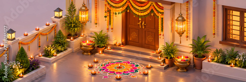Isometric 3D Indian house entrance decorated with rangoli toran diyas for Diwali