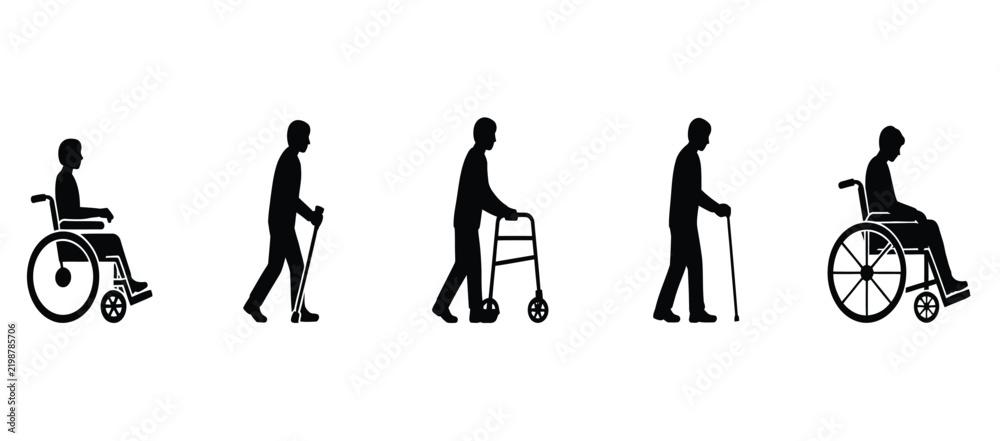 Obraz premium Black silhouette vector icons of disabled people using different mobility aids.