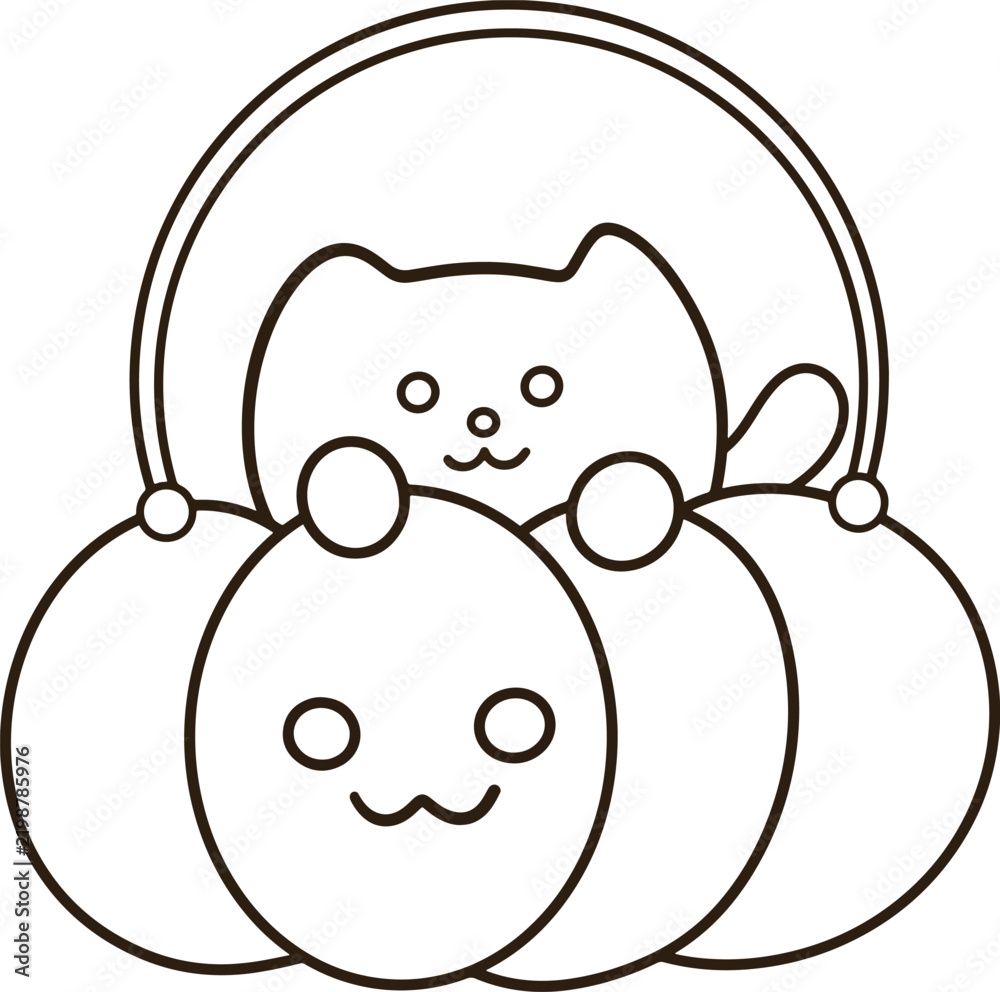 Obraz premium Cute Cat Pumpkin Basket Clipart Halloween Kitten Line Art Icon Minimalist Coloring Page
