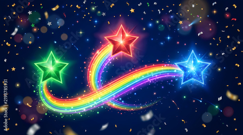 Colorful rainbow stars flying in the dark night sky illustration
