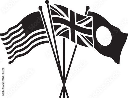 Flags silhouette vector graphic, crossed national flags with United Kingdom, United States, and Japan
