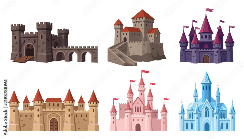 Obraz premium Medieval fairytale castle vector collection featuring royal fortresses stone fort ice palace and magic fantasy kingdom buildings