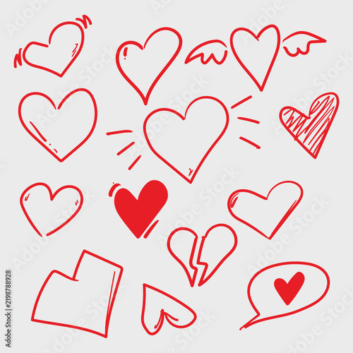 Hand Drawn Red Heart Set for Valentine Love Romance Affection Passion and Wedding