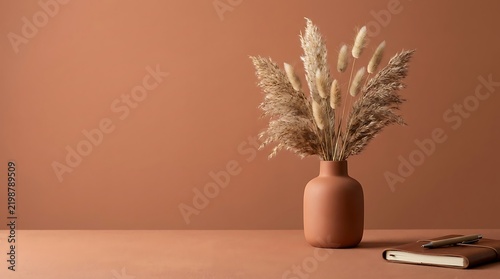 Decorative ceramic vase with dried pampas grass beside a leather notebook on muted terracotta background