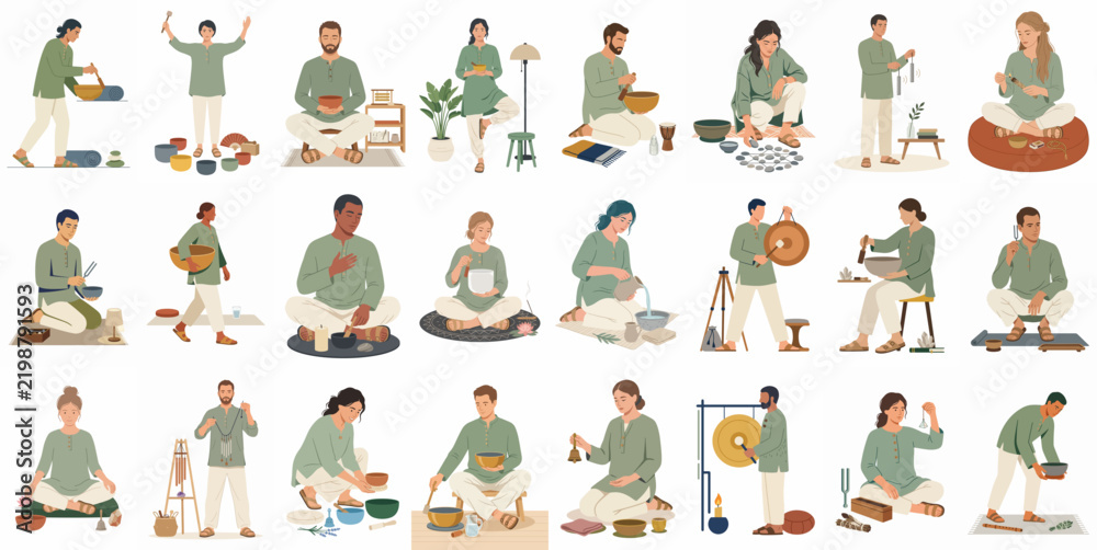 Fototapeta premium A collection of diverse people practicing sound healing, meditation, and mindfulness with singing bowls and gongs isolated on a white background.