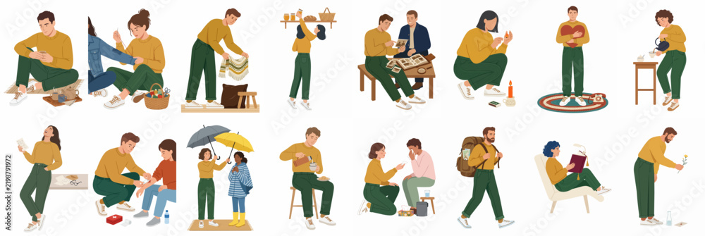 Obraz premium A collection of flat design vector illustrations depicting diverse people engaged in various everyday activities, hobbies, and acts of kindness and support.