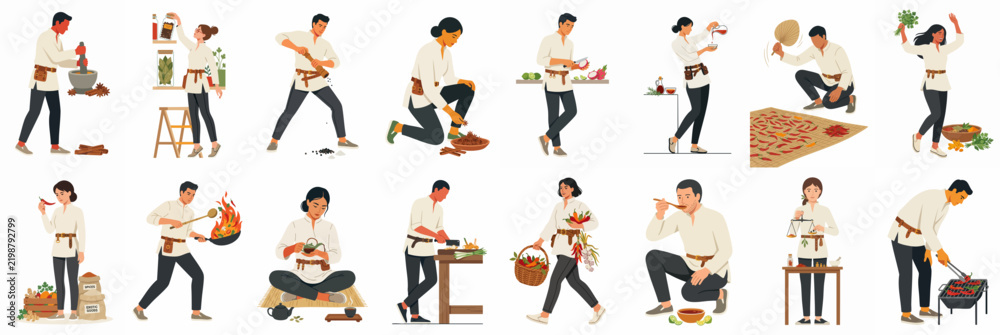 Obraz premium A diverse collection of illustrated characters engaged in various culinary activities such as cooking, grinding spices, and grilling on a white background.