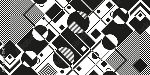 A dynamic, monochrome geometric pattern featuring a bold composition of intersecting black and white shapes, stripes, circles, and optical lines.