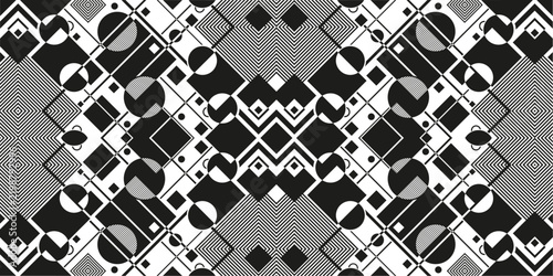 A dynamic, monochrome geometric pattern featuring a bold composition of intersecting black and white shapes, stripes, circles, and optical lines.