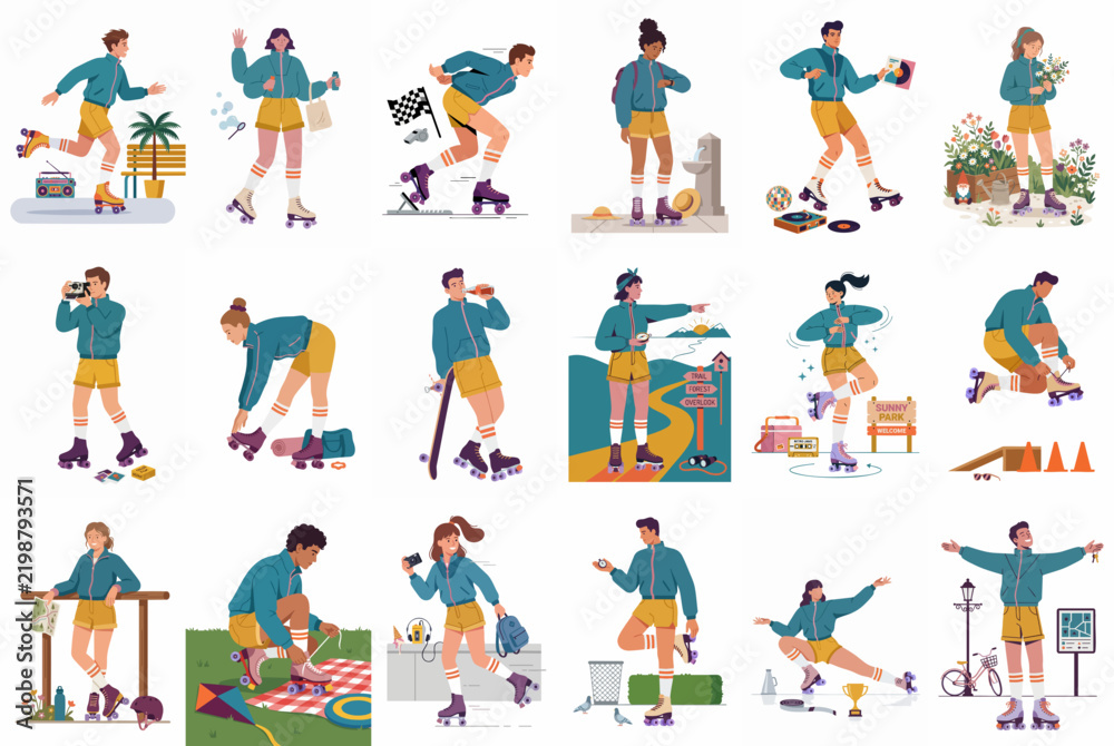 Fototapeta premium Diverse set of flat character illustrations showing people roller skating in various outdoor situations, activities, and poses on a white background.