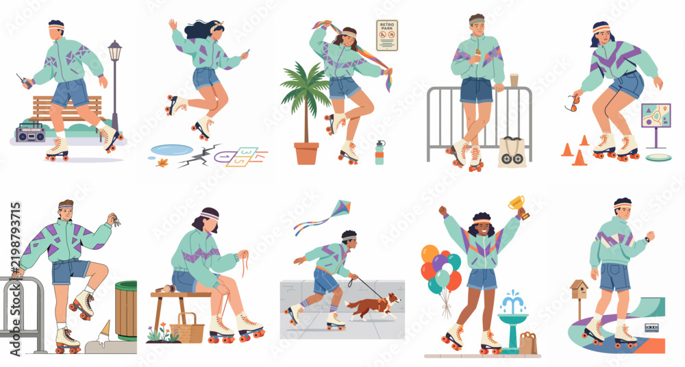 Fototapeta premium Collection of diverse characters roller skating and enjoying outdoor activities in retro 80s and 90s style sportswear illustrations.