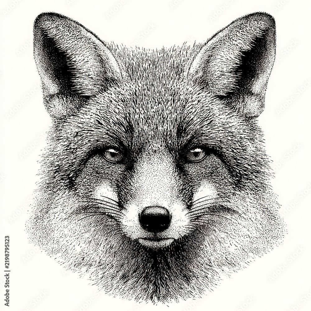 Obraz premium Detailed black and white fox head illustration with vintage engraving style