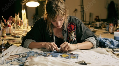 Young Artist Creating Unique Textile Art in Cozy Studio Setting