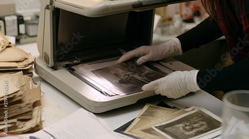 Archiving Historical Photographs with Scanner and Protective Gloves