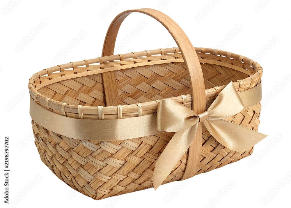 Obraz premium Empty woven wicker basket with a decorative silk ribbon bow isolated on transparent background