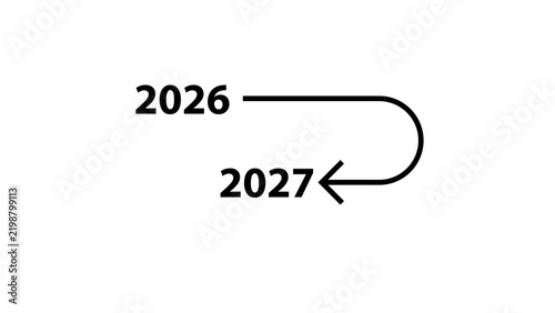 Quadro su tela Black and white graphic of a timeline with 2026 leading to a U-turn arrow toward
