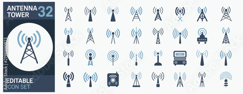 Vector set of antenna tower icons featuring diverse designs for telecommunication networks and wireless infrastructure mapping.