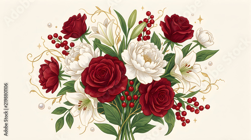 Beautiful bouquet of red roses and white lilies flowers illustration