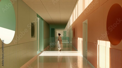 Person Walking Through Modern Corridor with Colorful Walls and Light