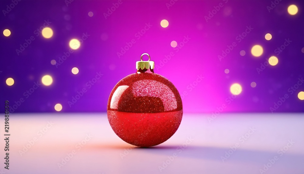 Fototapeta premium Small red glitter Christmas bauble on purple festive background