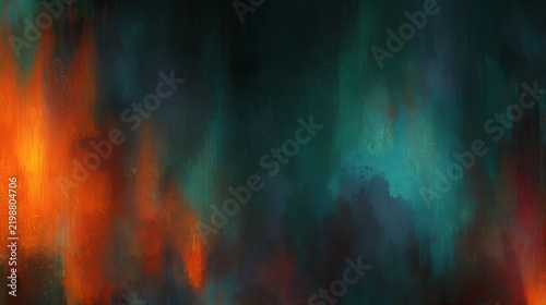 Dark moody artistic painted texture overlay, vertical strokes in orange teal and green, transparent background alpha channel effect.