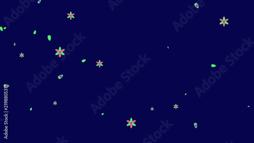 Colorful Animated Flowers and Petals Floating Against a Dark Blue Background, Motion Graphics