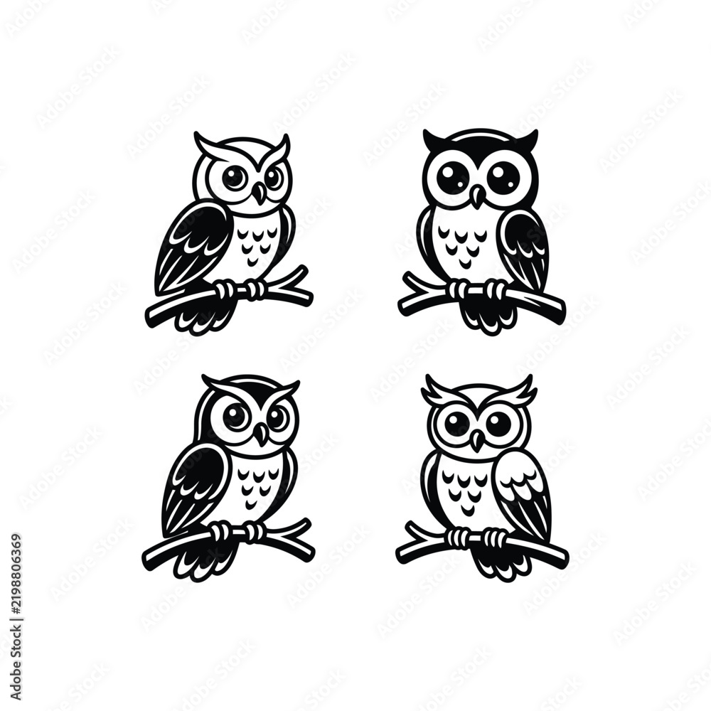 Fototapeta premium Four Cute Cartoon Owls Perched on Branches.