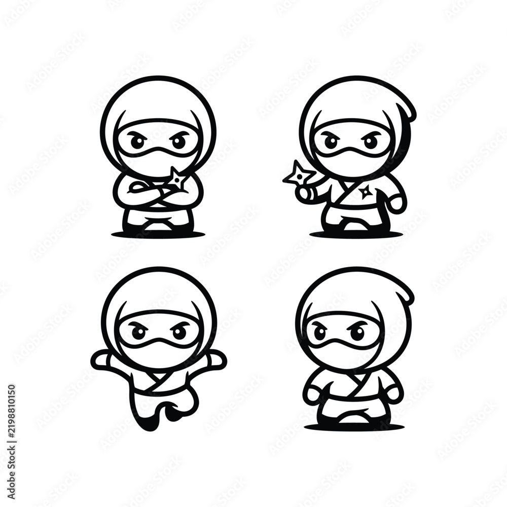 Fototapeta premium Four Cute Cartoon Ninja Characters in Different Poses.